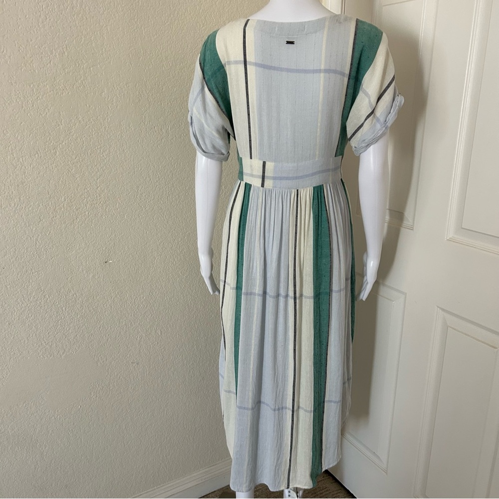 Oneill Reid Multi Striped White Green Button Up Plunge V-Neck Midi Dress Small - Picture 7 of 15